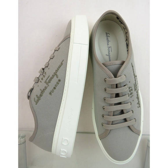 $695 FERRAGAMO MEDITERR GRAY CANVAS LEATHER TRIM GANCINI LOGO SNEAKERS 12 M